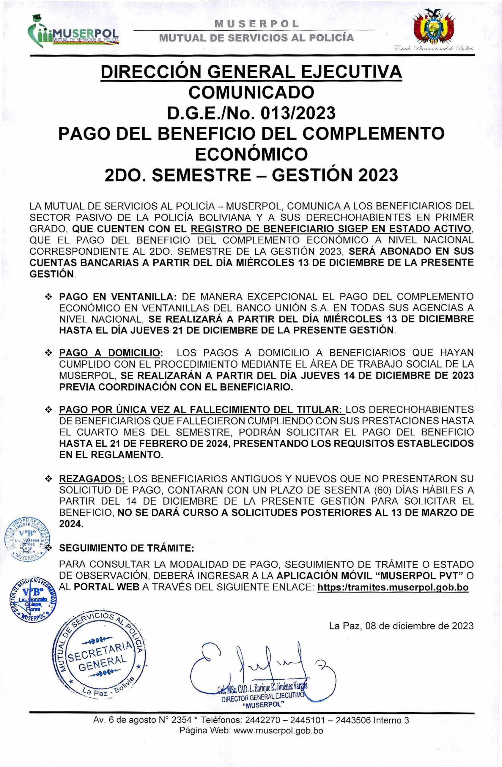 COMUNICADO PAGO DEL COMPLEMENTO ECONÓMICO  SEGUNDO SEMESTRE - GESTIÓN 2023
