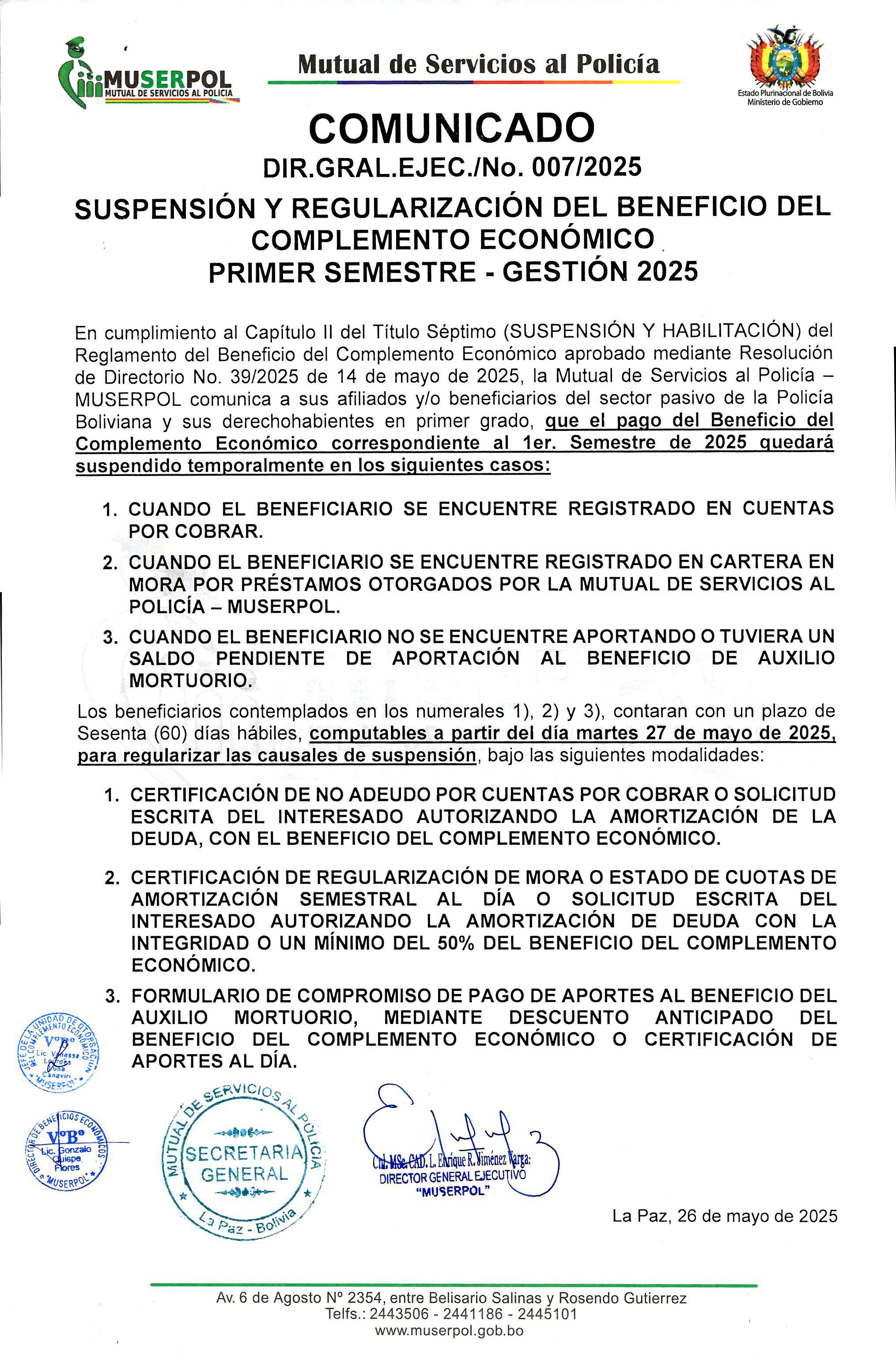 SUSPENSIÓN Y REGULARIZACIÓN DEL BENEFICIO DEL COMPLEMENTO ECONÓMICO PRIMER SEMESTRE - GESTIÓN 2025