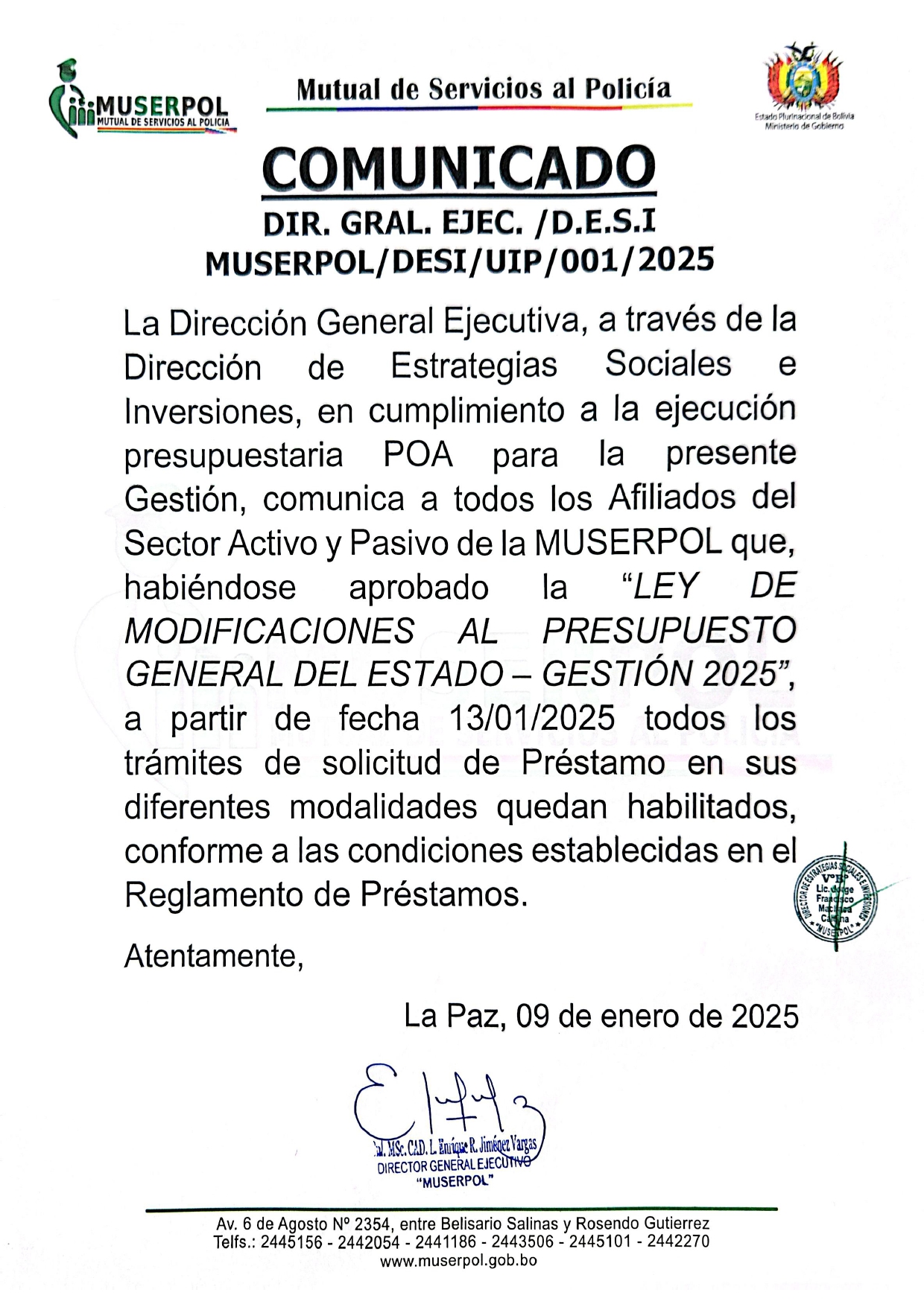 DIR.GRAL.EJEC./DESI MUSERPOL /DESI/UIP/001/2025
