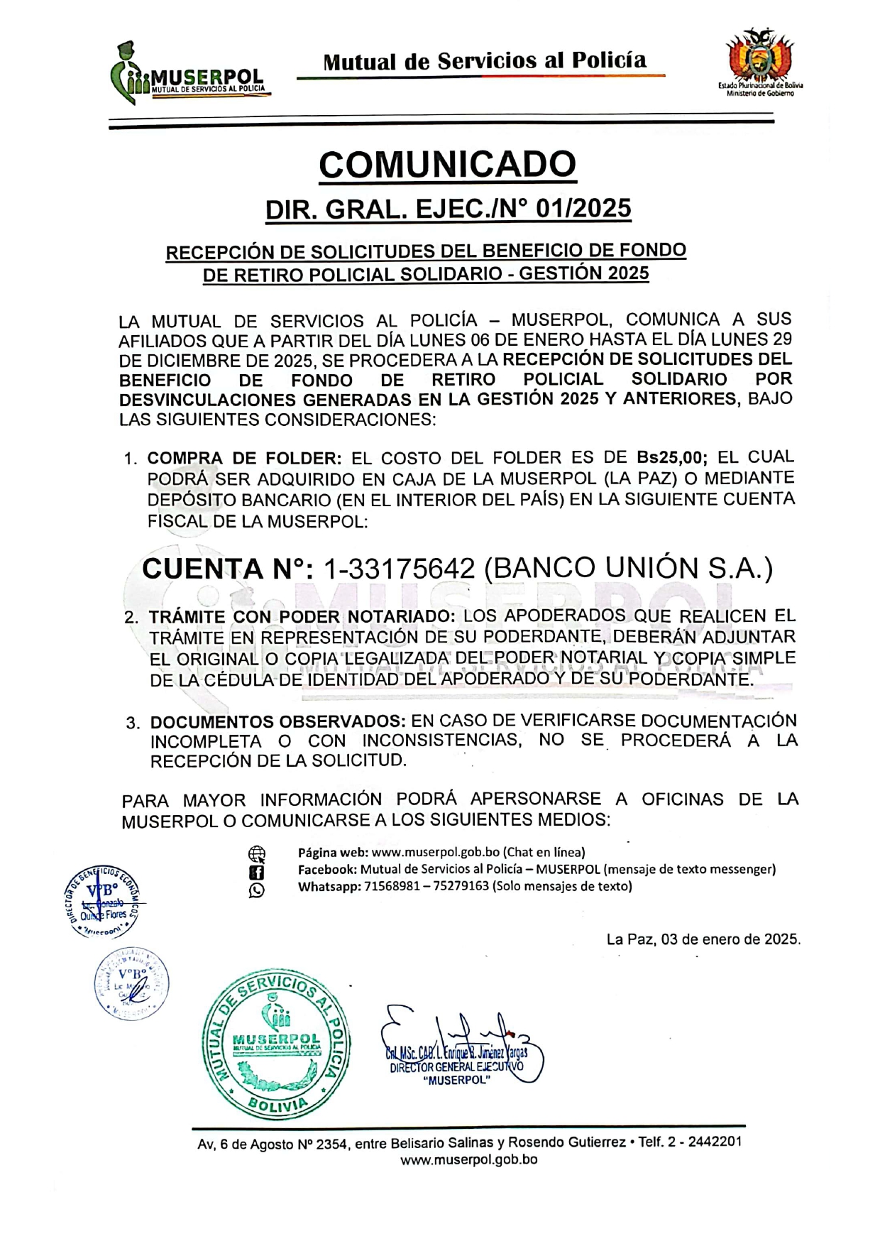 RECEPCIÓN DE SOLICITUDES DEL BENEFICIO DE FONDO DE RETIRO POLICIAL SOLIDARIO - GESTIÓN 2025