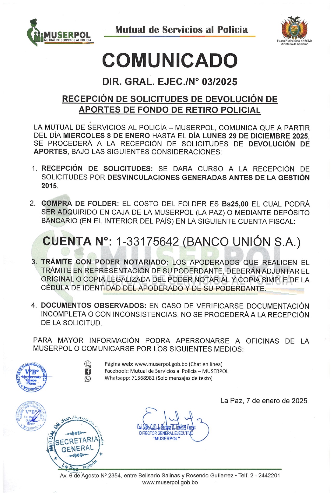 RECEPCIÓN DE SOLICITUDES DE DEVOLUCIÓN DE APORTES DE FONDO DE RETIRO POLICIAL