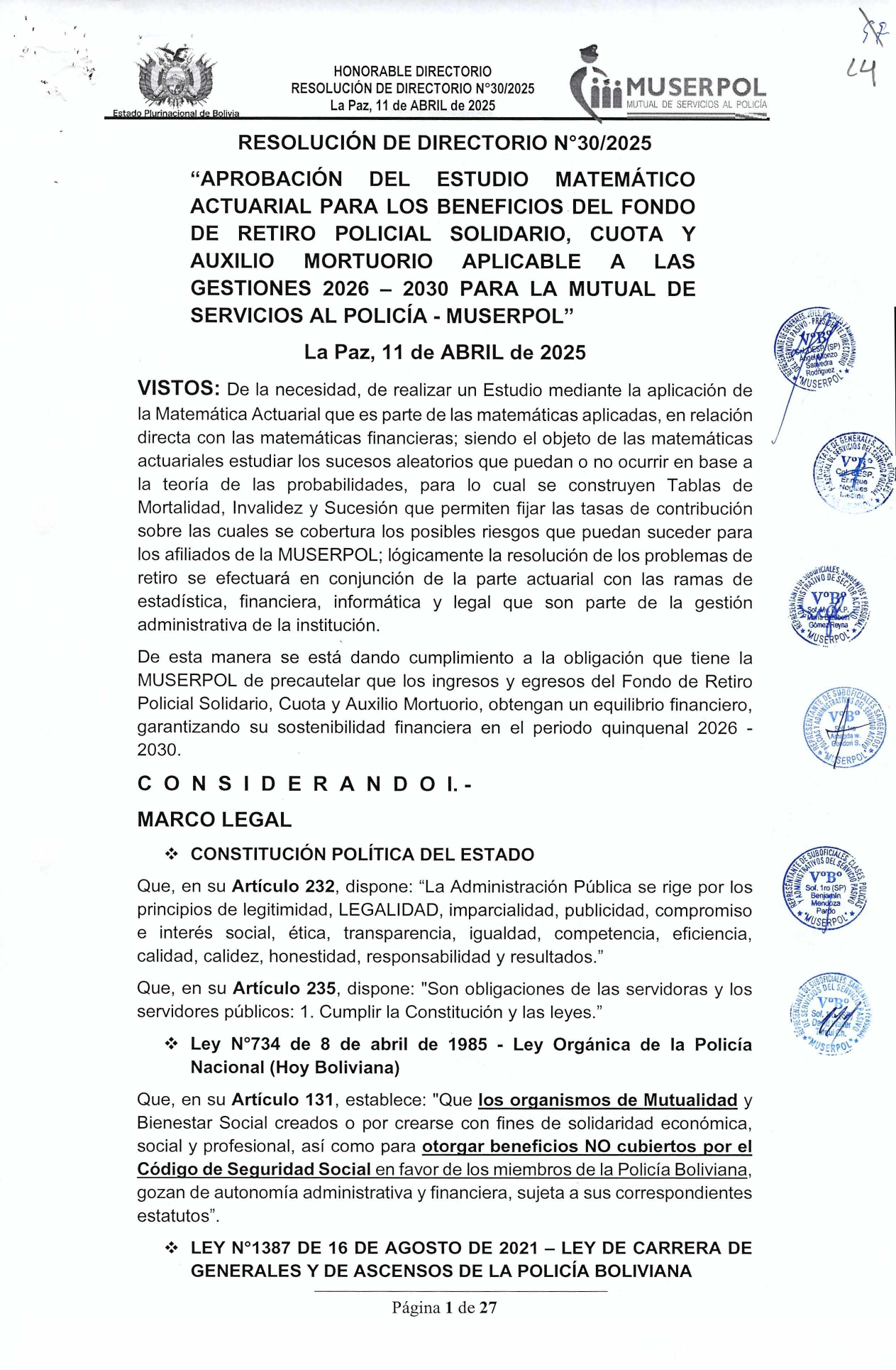 RESOLUCIÓN DE APROBACIÓN DEL ESTUDIO MATEMÁTICO ACTUARIAL 2026 - 2030